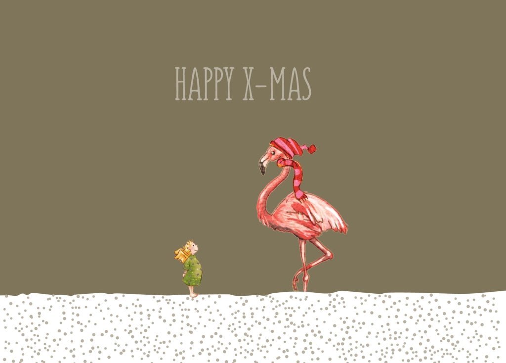 Weihnachtspostkarte mit Goldfolie - Flamingo trifft Engel, Frohe Weihnachten