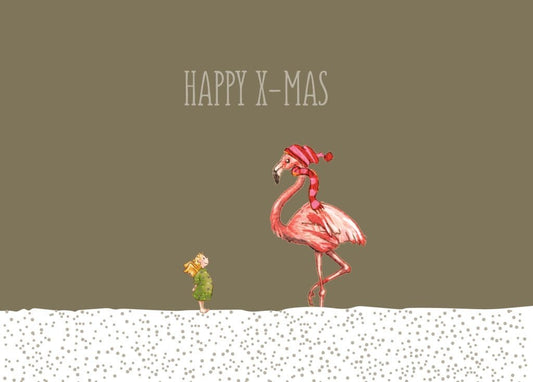 Weihnachtspostkarte mit Goldfolie - Flamingo trifft Engel, Frohe Weihnachten