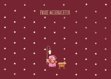 Weihnachtspostkarte mit Goldfolie: Gemütlicher Sessel und Weihnachtsmann - Besinnliche Grüße