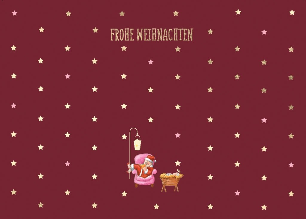 Weihnachtspostkarte mit Goldfolie: Gemütlicher Sessel und Weihnachtsmann - Besinnliche Grüße