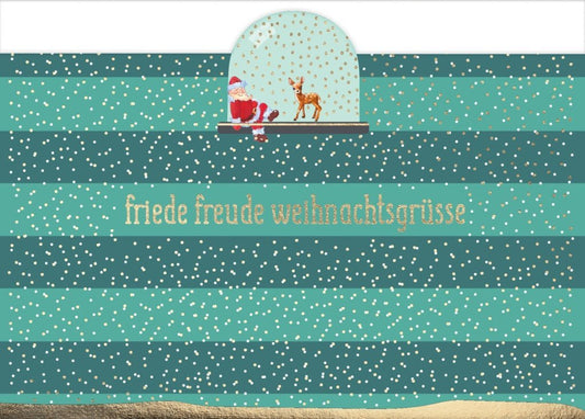 Weihnachtspostkarte mit Goldfolie: Schneekugel - Motiv mit Weihnachtsmann und Baum