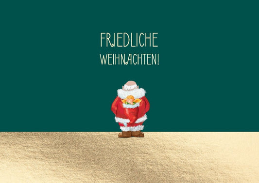 Weihnachtspostkarte mit Goldfolie: Weihnachtsmann & Engel mit Mütze - Festliche Grüße