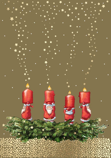 Weihnachtspostkarte mit Goldfolien - Kranz und festlichen Weihnachtsmannkerzen