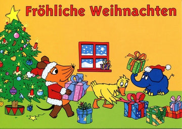 Weihnachtspostkarte mit Mausmotiv und Geschenken unter dem Weihnachtsbaum