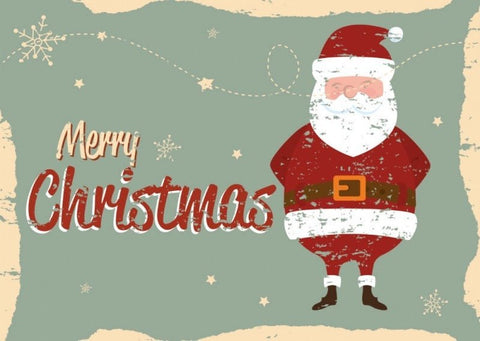 Weihnachtspostkarte mit Vintage Weihnachtsmann, Grüne & Rote Schneeflocken – Festliche Grüße