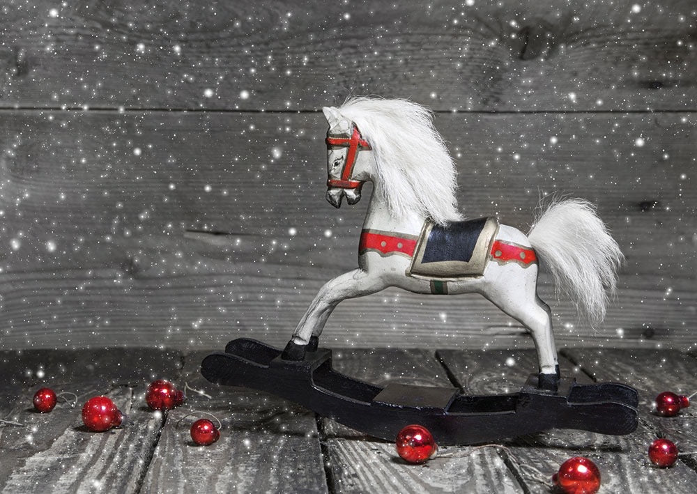 Weihnachtspostkarte mit weißem Schaukelpferd - Festliche Grüße zur Weihnachtszeit
