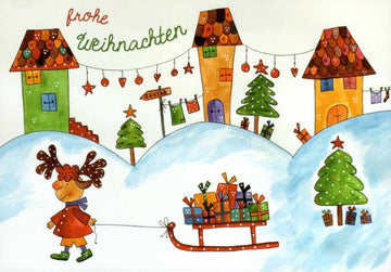 Weihnachtspostkarte mit zauberhafter Illustration: Drei Häuser und ein Schlitten im Winterwunderland