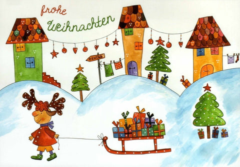 Weihnachtspostkarte mit zauberhafter Illustration: Drei Häuser und ein Schlitten im Winterwunderland