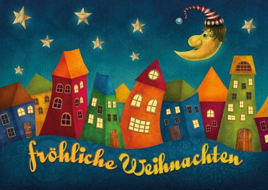 Weihnachtspostkarte: Mond mit Schlafmütze für festliche Grüße, fröhliche Weihnachten