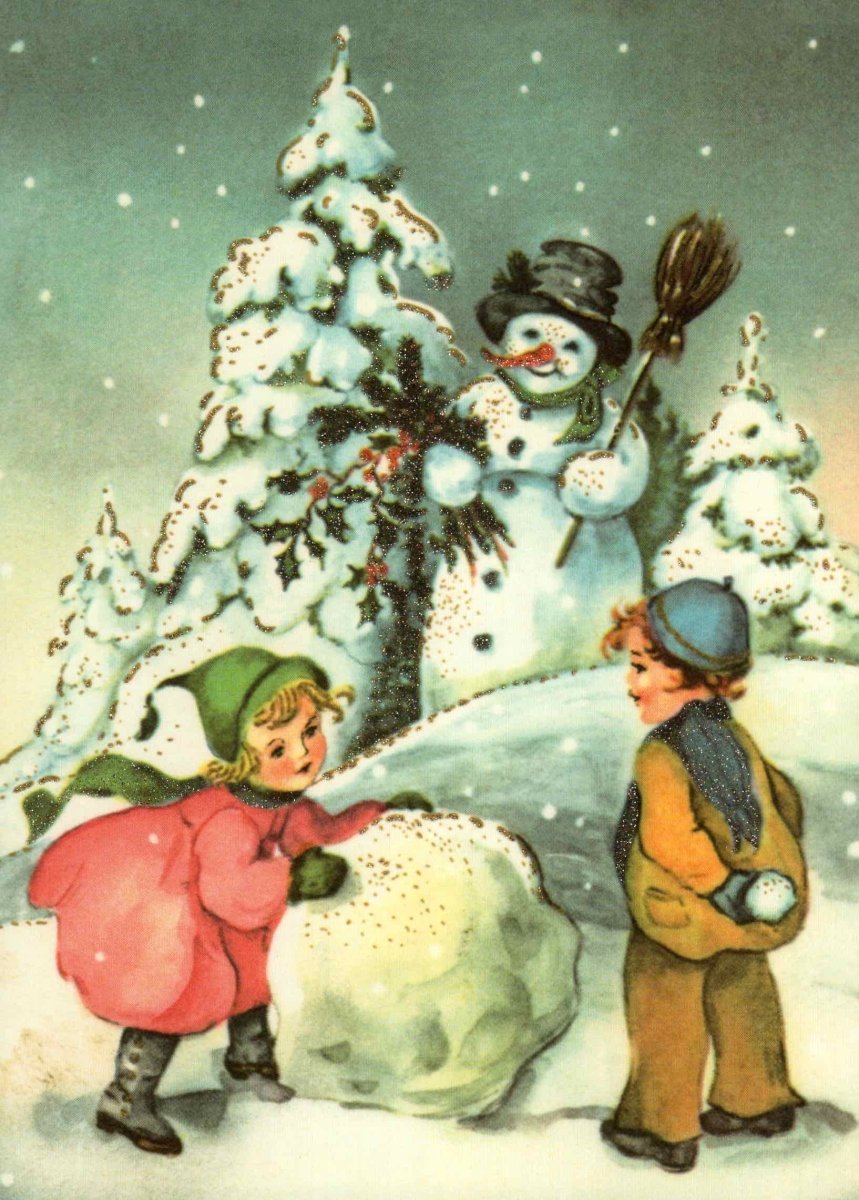 Weihnachtspostkarte nostalgisch Junge und Mädchen mit Schneekugel