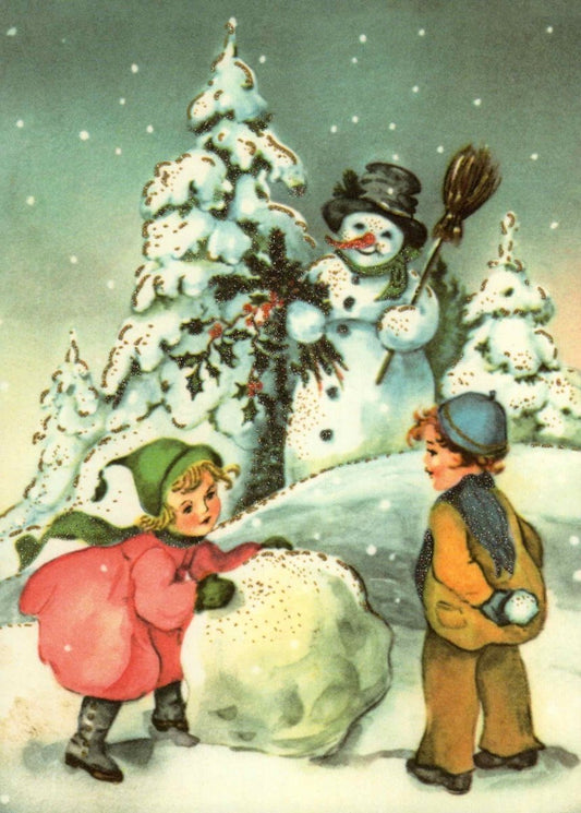 Weihnachtspostkarte nostalgisch Junge und Mädchen mit Schneekugel