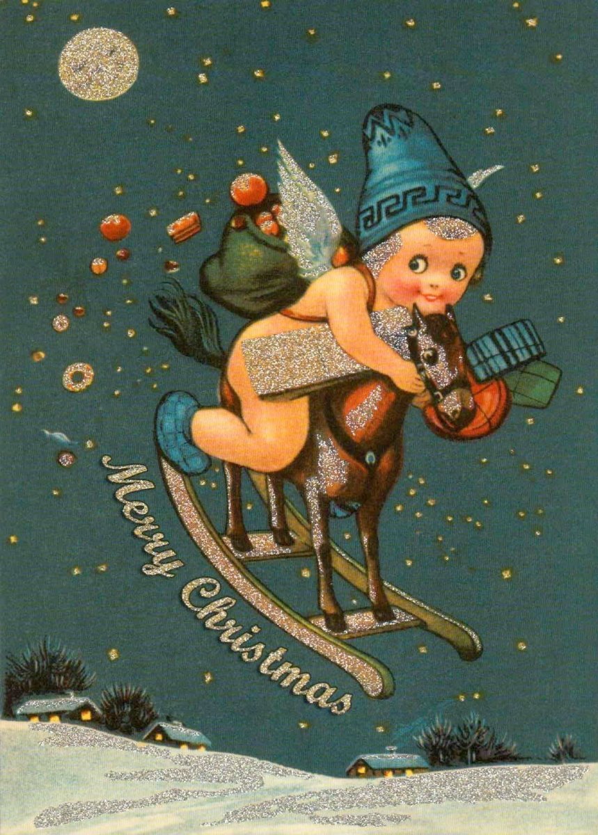 Weihnachtspostkarte nostalgisches Schaukelpferd - Frohe Festtage im Retro - Stil