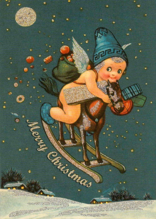 Weihnachtspostkarte nostalgisches Schaukelpferd - Frohe Festtage im Retro - Stil