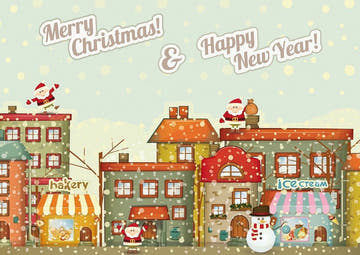 Weihnachtspostkarte: Santa & Schneemann vor Winterhäusern – Frohe Weihnachten & ein gutes neues Jahr