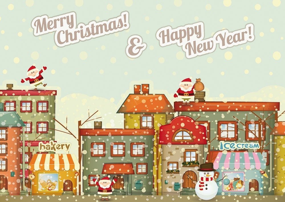 Weihnachtspostkarte: Santa & Schneemann vor Winterhäusern – Frohe Weihnachten & ein gutes neues Jahr