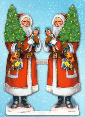 Weihnachtspostkarte - Vintage Weihnachtsmänner & Tannenbäume, Glitzernde Kinderkarte für Festtagsgrüße