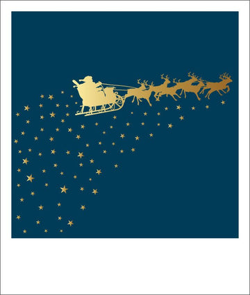 Weihnachtspostkarte: Weihnachtsmann & Rentiere unter Sternenhimmel - Eleganz in Blau und Gold für festliche Grüße