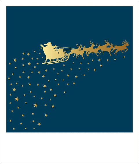 Weihnachtspostkarte: Weihnachtsmann & Rentiere unter Sternenhimmel - Eleganz in Blau und Gold für festliche Grüße
