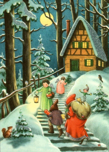 Weihnachtspostkarte Winterlandschaft: Schneebedecktes Haus am Berg mit Treppe