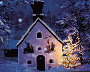 Weihnachtspostkarte: Winterliche Kirche im Schneegestöber