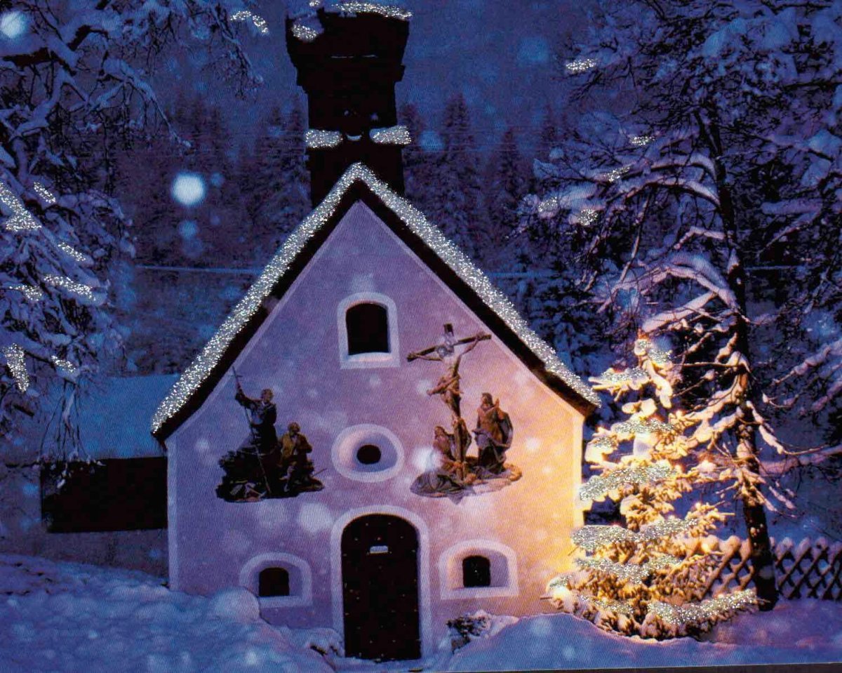 Weihnachtspostkarte: Winterliche Kirche im Schneegestöber