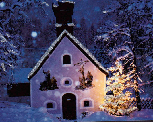 Weihnachtspostkarte: Winterliche Kirche im Schneegestöber