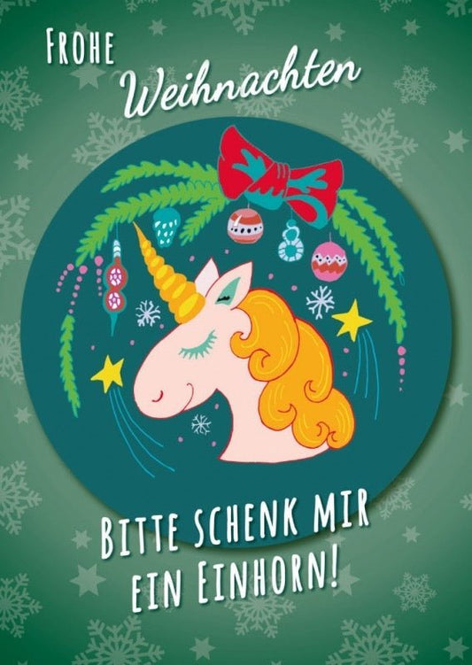 Weihnachtspostkarte: Wünsche für ein magisches Fest mit einem Einhorn