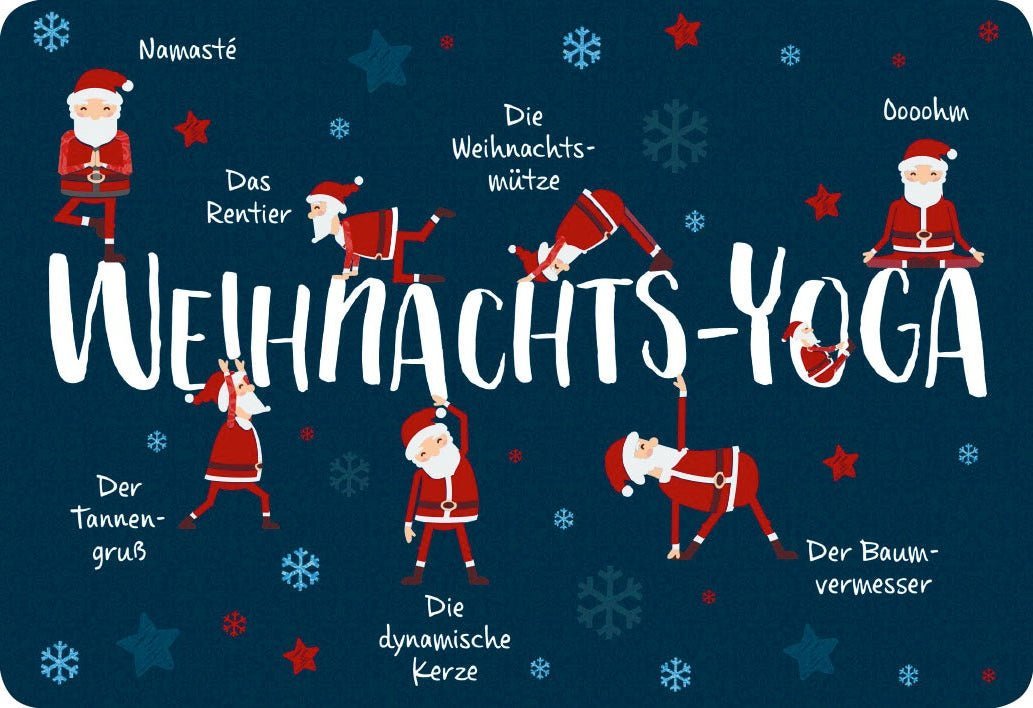 Weihnachtspostkarte Yoga Santa - Humorvolle Entspannung mit Blauen Schneeflocken für Festliche Grüße