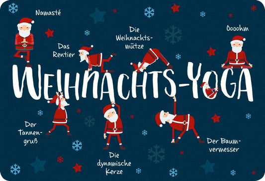 Weihnachtspostkarte Yoga Santa - Humorvolle Entspannung mit Blauen Schneeflocken für Festliche Grüße