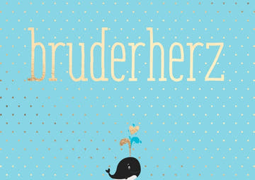 Witzige Sprüche - Postkarte für Bruder - 'Bruderherz' mit Wal - Motiv, Blau & Gold, Konfetti - Design, Meeresthema, Geschwisterhumor