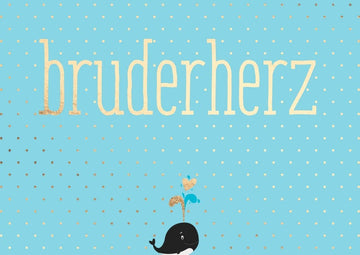 Witzige Sprüche - Postkarte für Bruder - 'Bruderherz' mit Wal - Motiv, Blau & Gold, Konfetti - Design, Meeresthema, Geschwisterhumor