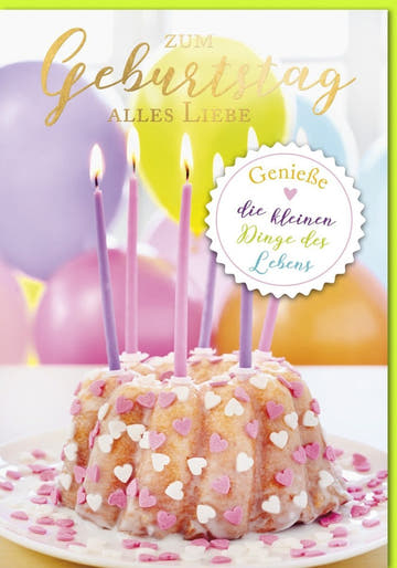 XXL Geburtstagskarte A4 - Bunte Gugelhupf - Kerzen & Herzchen, Festliche Glückwünsche mit Torte & Zuckerguss