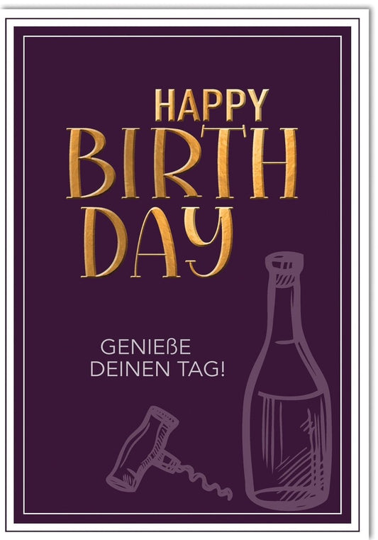 XXL Geburtstagskarte A4 - Elegantes Purpur - Gold Design mit Weinflasche, "Genieße Deinen Tag" Motiv für besondere Anlässe