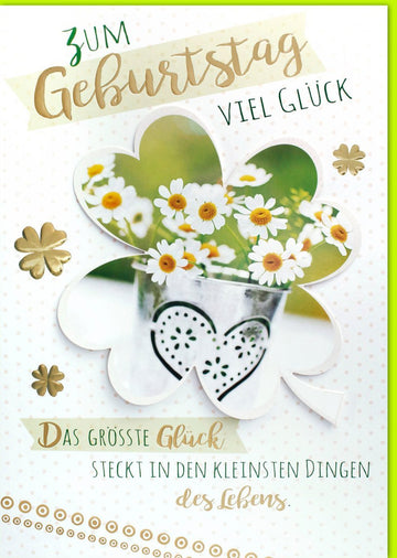 XXL Geburtstagskarte A4 – Herzliche Grüße mit Gänseblümchen & Kleeblatt in Grün - Weiß, Großformat