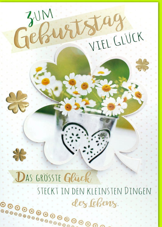 XXL Geburtstagskarte A4 – Herzliche Grüße mit Gänseblümchen & Kleeblatt in Grün - Weiß, Großformat