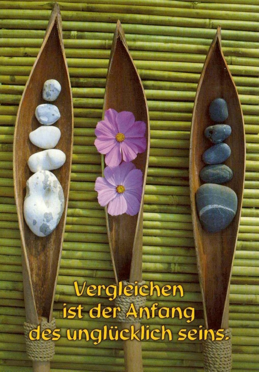Zen Balance Postkarte - Natur & Harmonie mit Steinen, Blumen, Bambus & inspirierendem Weisheitsspruch - Glück ohne Vergleich
