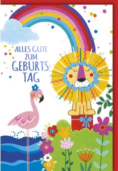 Karte Kindergeburtstag Löwe Wasser Regenbogen Vogel Wolke