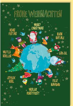 Weihnachtskarte Mehrsprachig Erdkugel, Weihnachtsmann, Kinder, Schneemann, Weihnachtsbaum, Rentier, mit Goldfolie