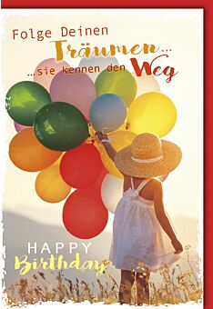 Geburtstagskarte Spruch Mädchen mit Sonnenhut und Luftballons