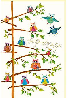 Geburtstagskarte Skorpion´s art Eulen auf Baum, Naturkarton, mit Goldfolie und Blindprägung