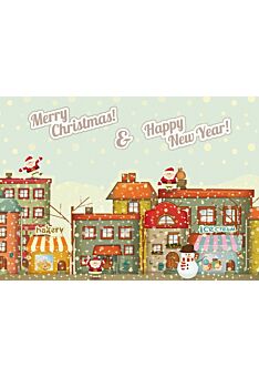 Weihnachtspostkarte Häuser mit Geschäften: Merry Christmas! & Happy New Year!