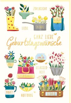 Glückwunschkarte Geburtstag Blumen in verschiedenen Gefäßen, Naturkarton, mit Goldfolie und Blindprägung