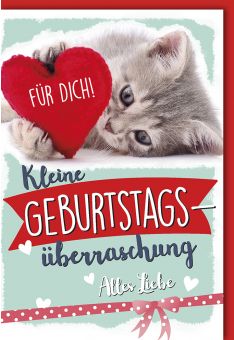 Geburtstagskarten für Partner: Romantische Glückwunschkarte mit süßem Kätzchen und Herz - 'Kleine Geburtstagsüberraschung' mit liebevollen Wünschen