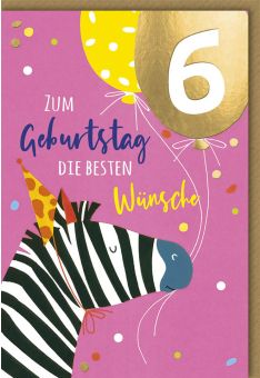 Geburtstagskarte 6. Jahre Zebra mit Luftballons