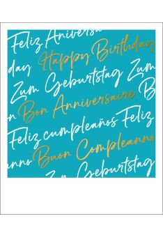Geburtstagspostkarte Happy Birthday Mehrsprachig Goldfolie