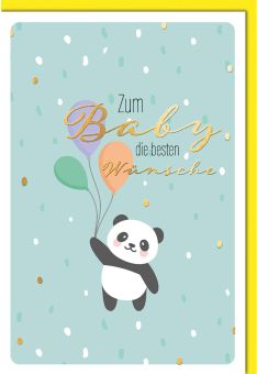 Glückwunschkarte zur Geburt mit Panda und Ballons - Folienprägung in Gold