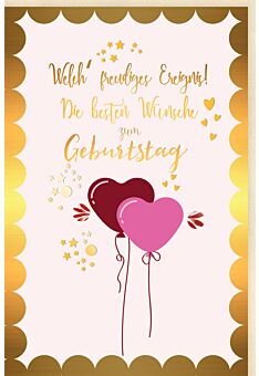 Glückwunschkarte Geburtstag Luftballons in Herzform, Sterne, Herzen