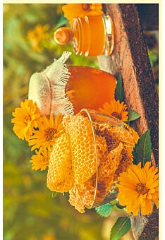 Fotogrußkarte Sommer auf dem Land Honigwaben, Honig, Blüten
