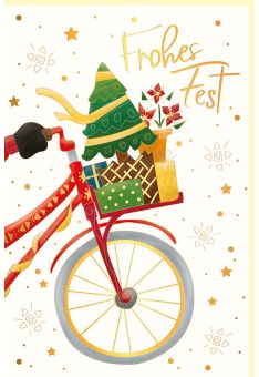 Weihnachtsgrußkarte Fahrrad mit Fahrradkorb und Geschenken
