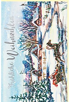 Weihnachtskarte retro Silberfolie Landschaft Schnee Häuser